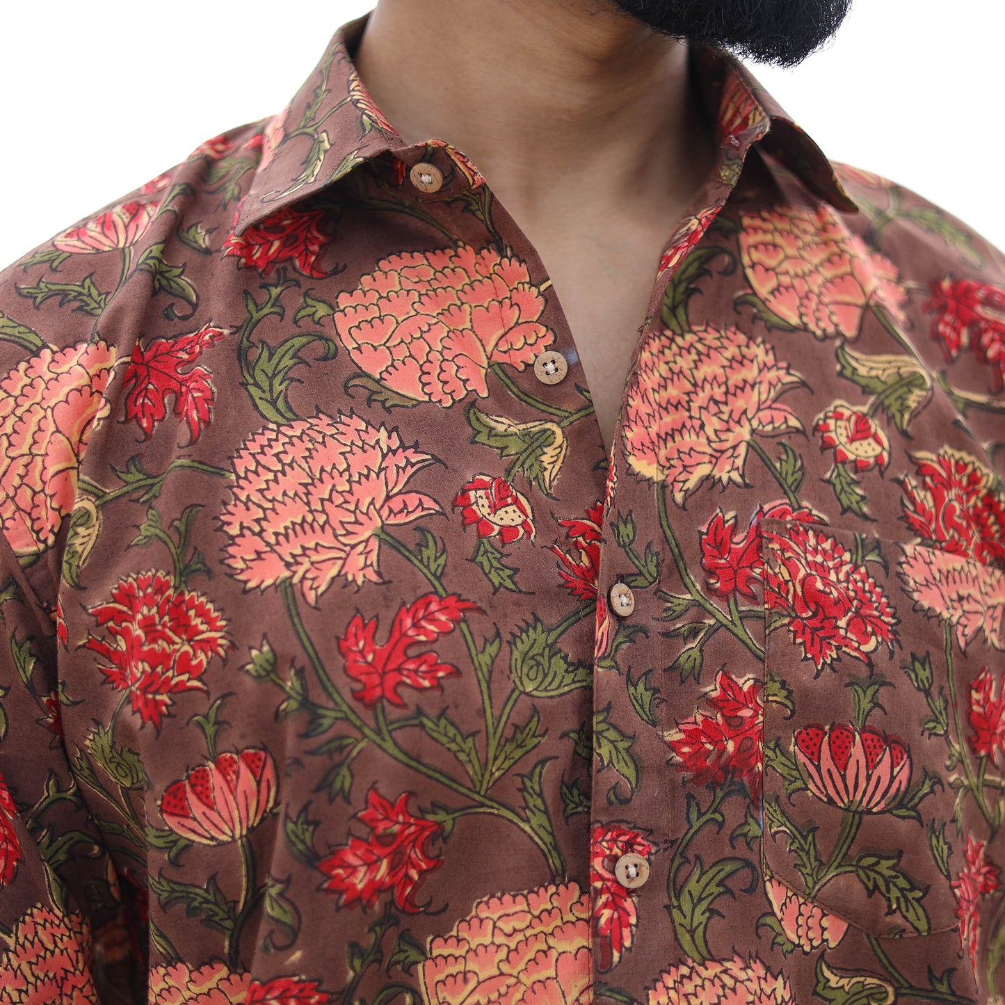 Brown Full Sleeve Block Print Cotton Men Sanganeri Shirt