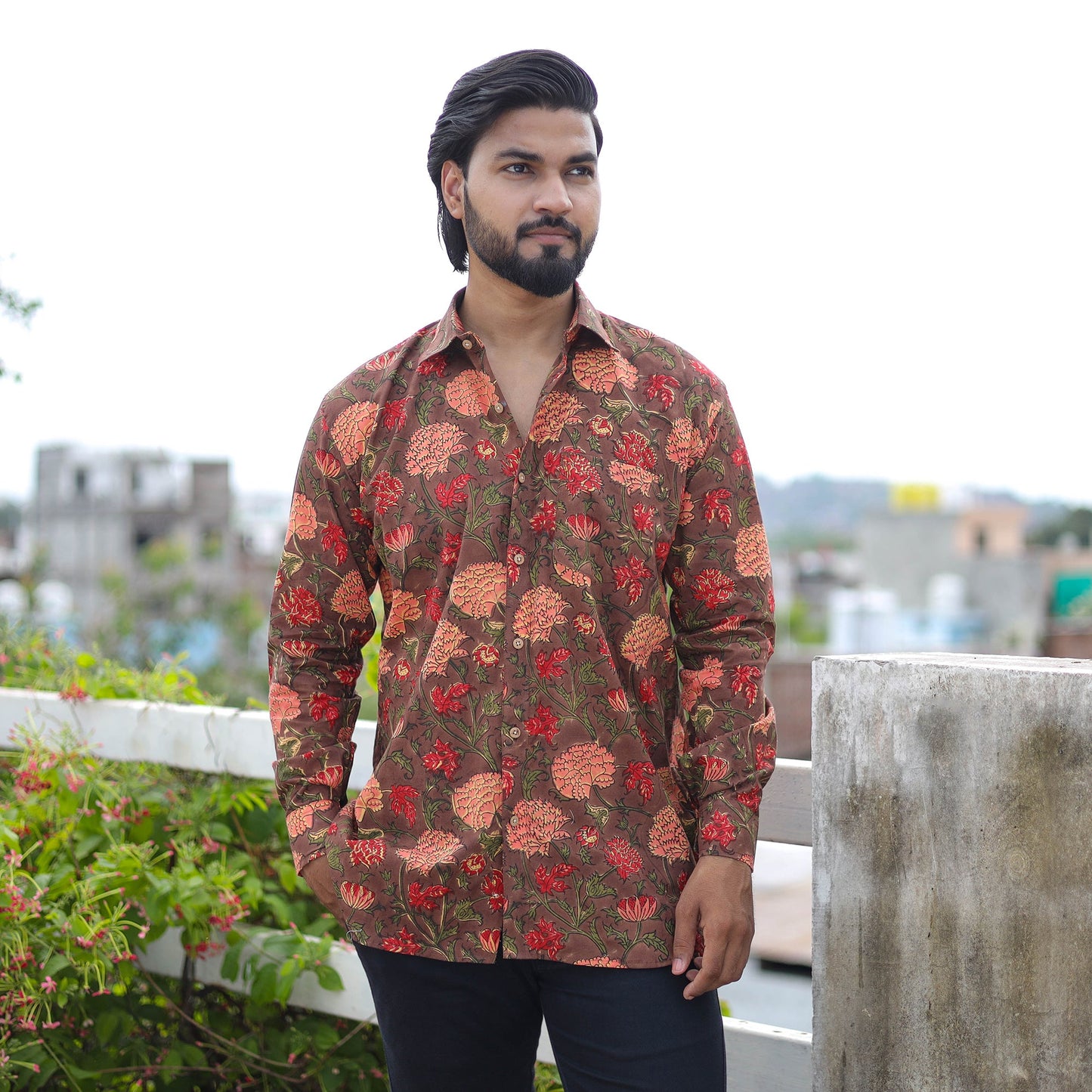 Brown Full Sleeve Block Print Cotton Men Sanganeri Shirt