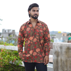 Brown Full Sleeve Block Print Cotton Men Sanganeri Shirt
