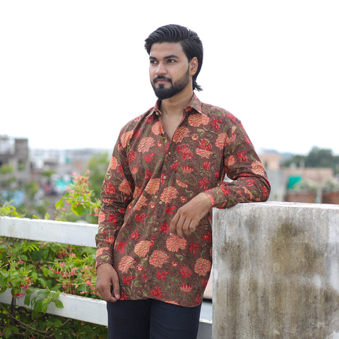 Brown Full Sleeve Block Print Cotton Men Sanganeri Shirt