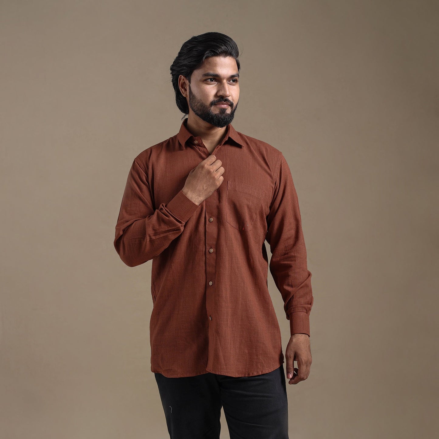 Brown Full Sleeve Slub Cotton Men Plain Shirt