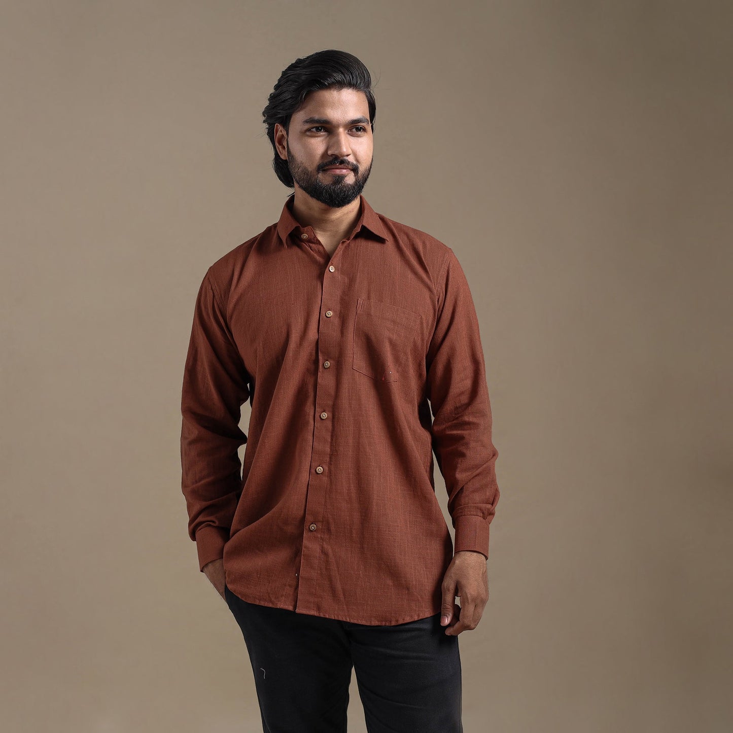 Brown Full Sleeve Slub Cotton Men Plain Shirt