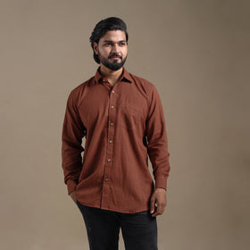 Brown Full Sleeve Slub Cotton Men Plain Shirt