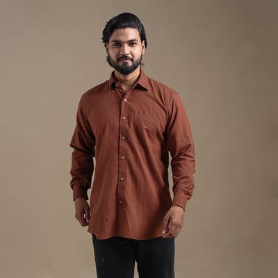 Brown Full Sleeve Slub Cotton Men Plain Shirt