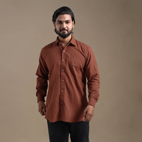 Brown Full Sleeve Slub Cotton Men Plain Shirt