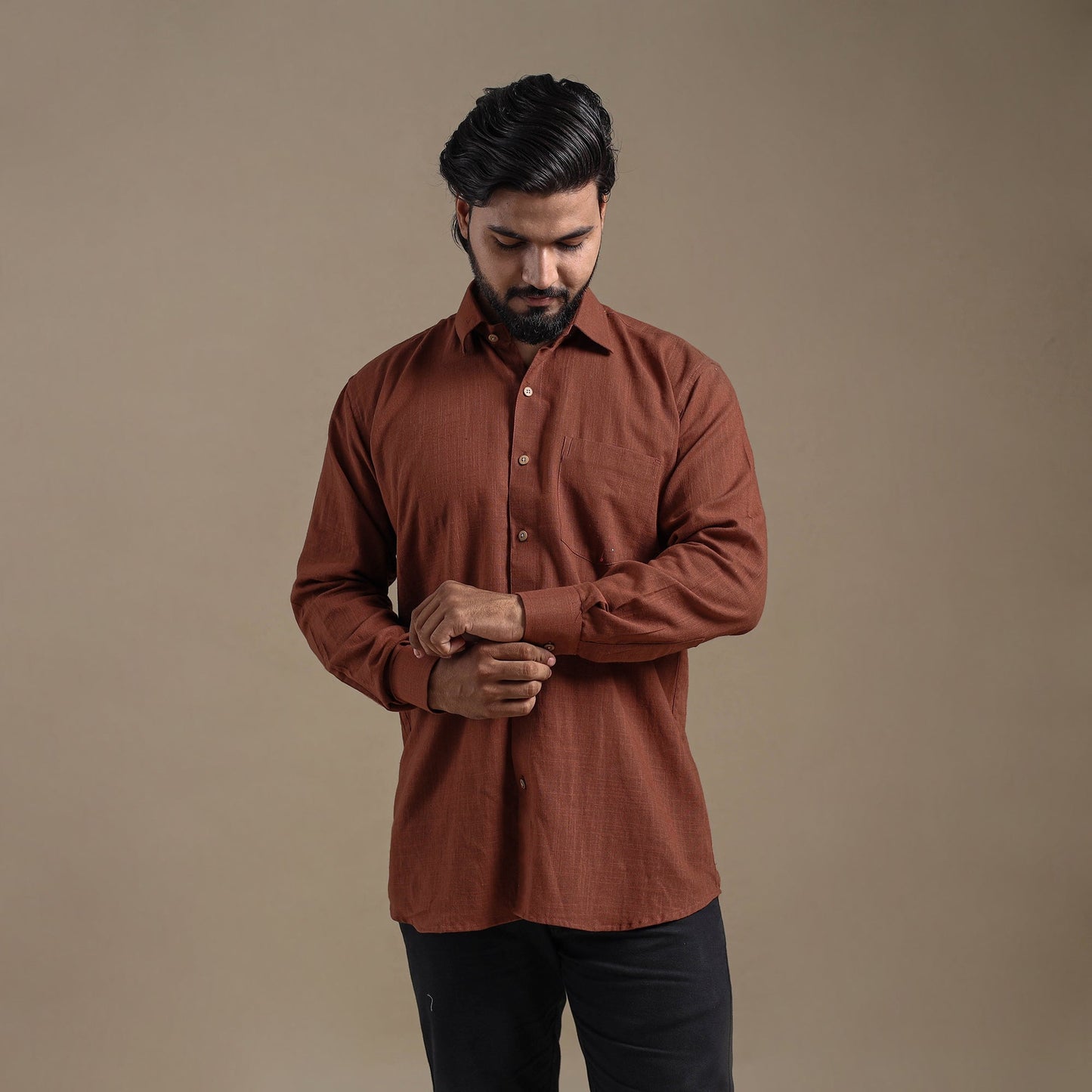 Brown Full Sleeve Slub Cotton Men Plain Shirt