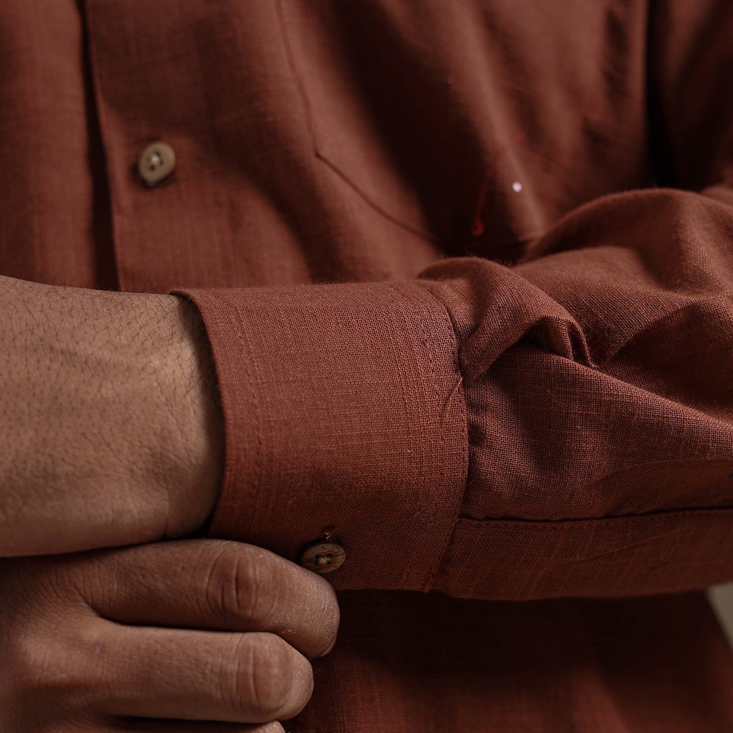 Brown Full Sleeve Slub Cotton Men Plain Shirt