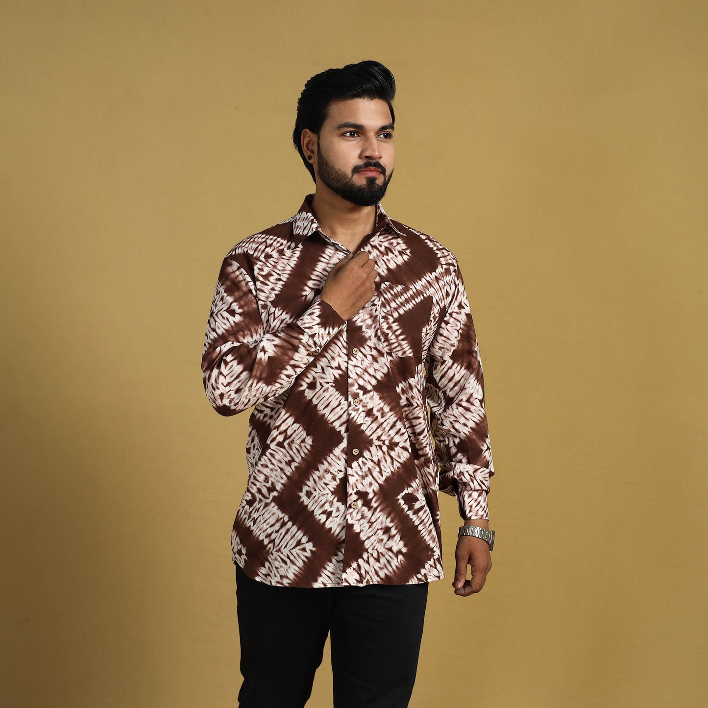 Buy Brown Full Sleeve Tie & Dye Cotton Men Shibori Shirt
