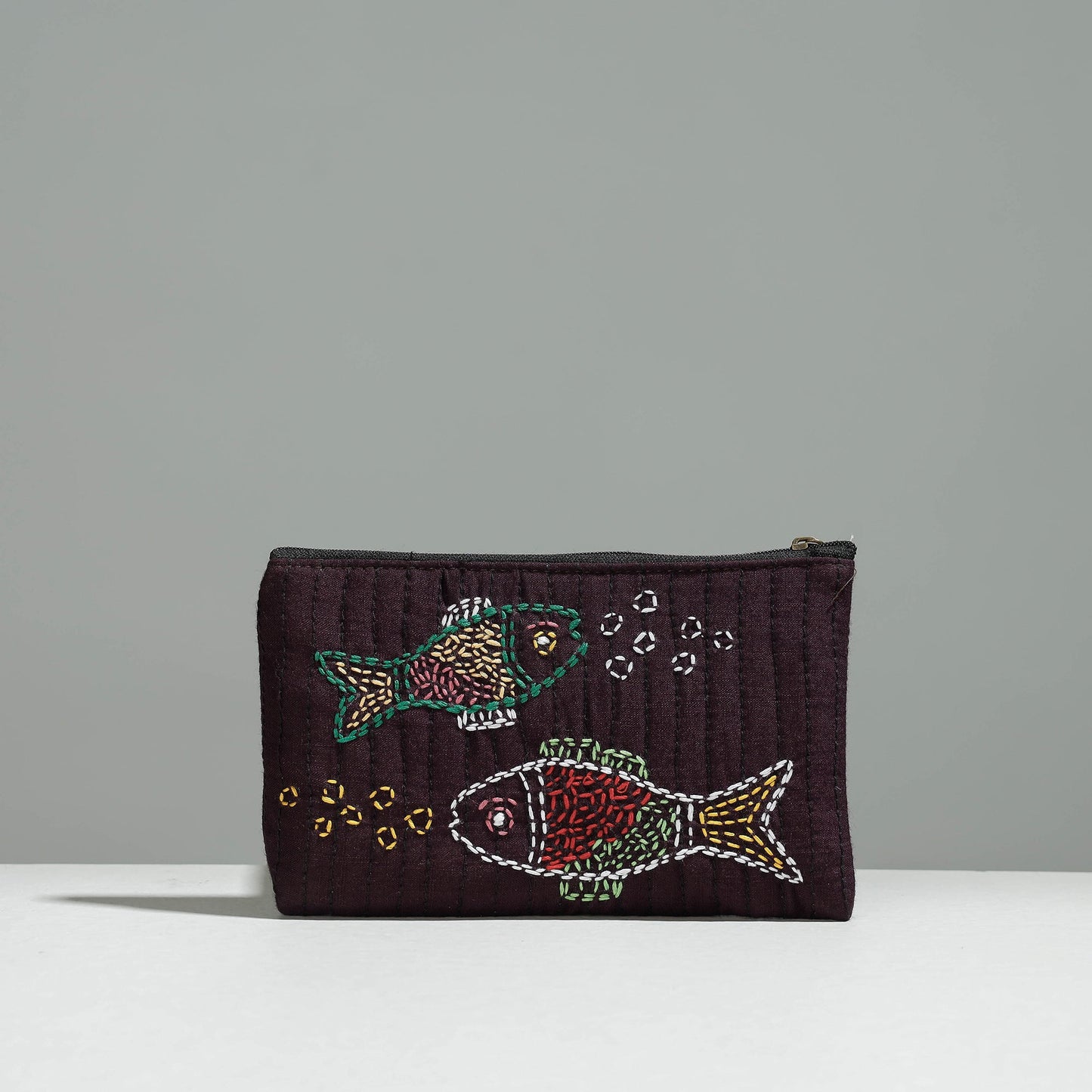 Brown Gamcha Fabric Hand Embroidered Jewelry Pouch