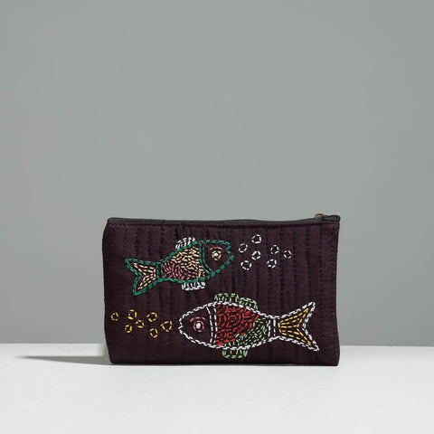 Brown Gamcha Fabric Hand Embroidered Jewelry Pouch