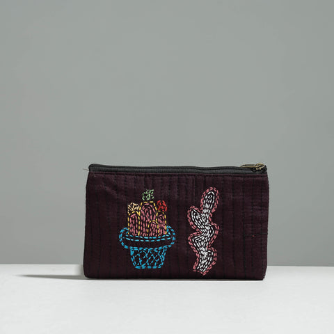 Brown Gamcha Fabric Hand Embroidered Jewelry Pouch 