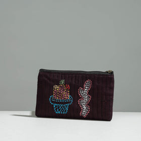 Brown Gamcha Fabric Hand Embroidered Jewelry Pouch 