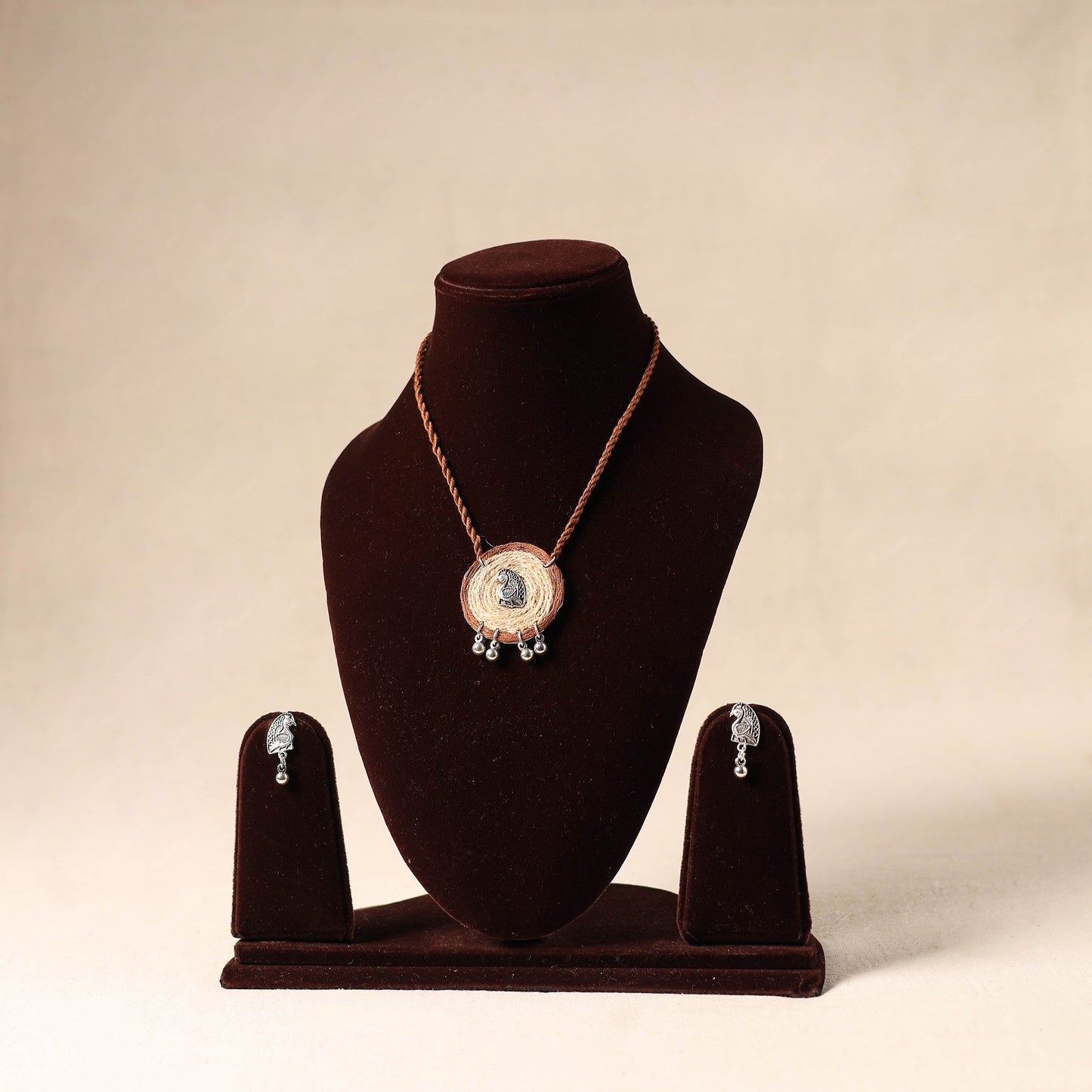 Brown - german silver jute necklace set 76 - handcrafted