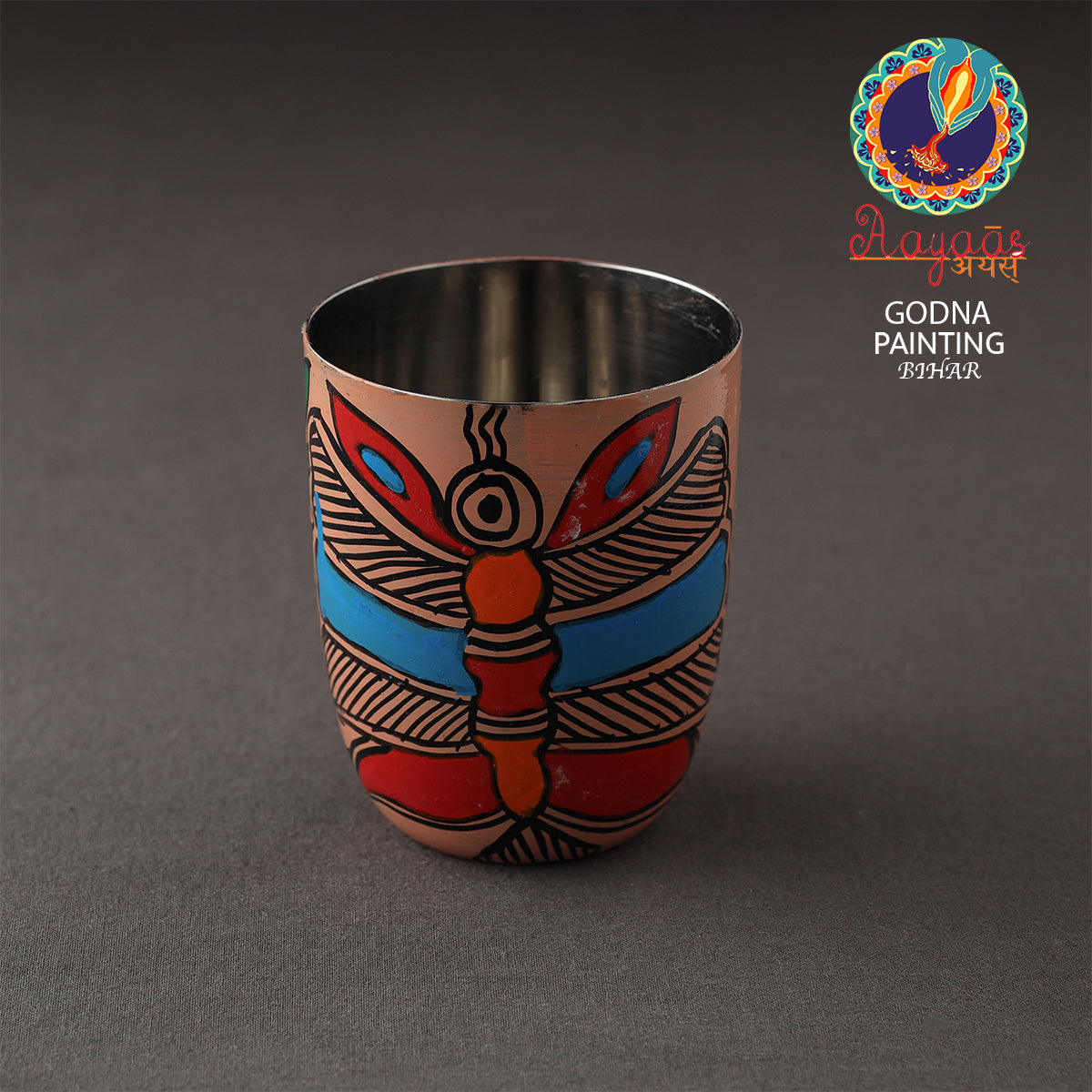Godna Madhubani Brown Handpainted Stainless Steel Glass