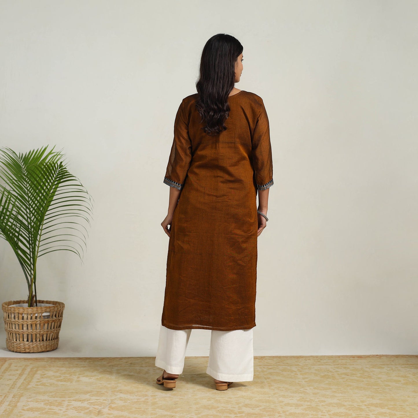 Brown Gota Work Mercerised Cotton Straight Dharwad Kurta for Women