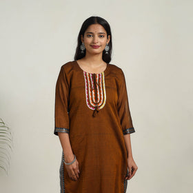 Brown Gota Work Mercerised Cotton Straight Dharwad Kurta for Women