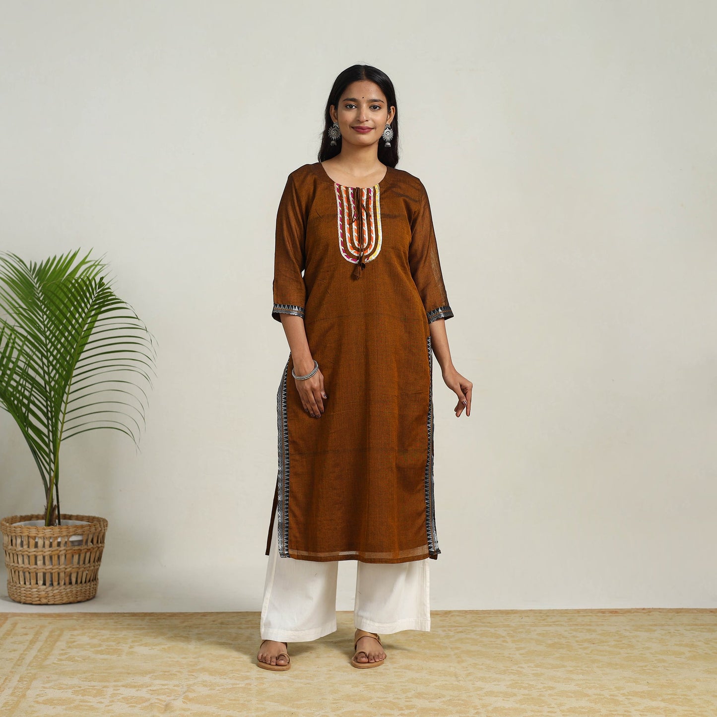 Brown Gota Work Mercerised Cotton Straight Dharwad Kurta for Women