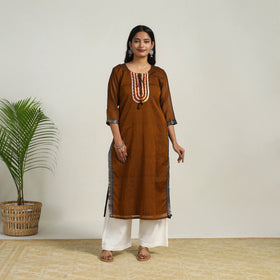 Brown Gota Work Mercerised Cotton Straight Dharwad Kurta for Women