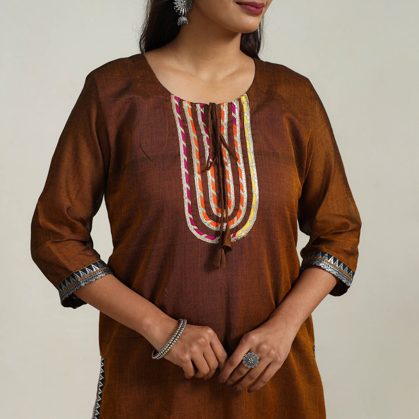 Brown Gota Work Mercerised Cotton Straight Dharwad Kurta for Women