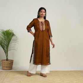 Brown Gota Work Mercerised Cotton Straight Dharwad Kurta for Women