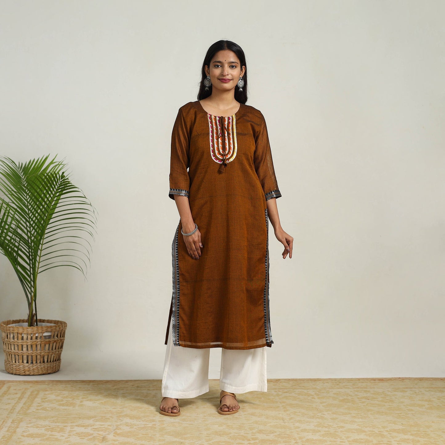 Brown Gota Work Mercerised Cotton Straight Dharwad Kurta for Women