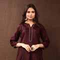 Brown - Gota Work Pure Silk Plain Long Kurta