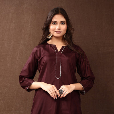 Brown - Gota Work Pure Silk Plain Long Kurta