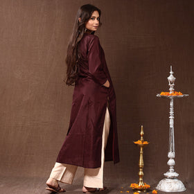 Brown - Gota Work Pure Silk Plain Long Kurta