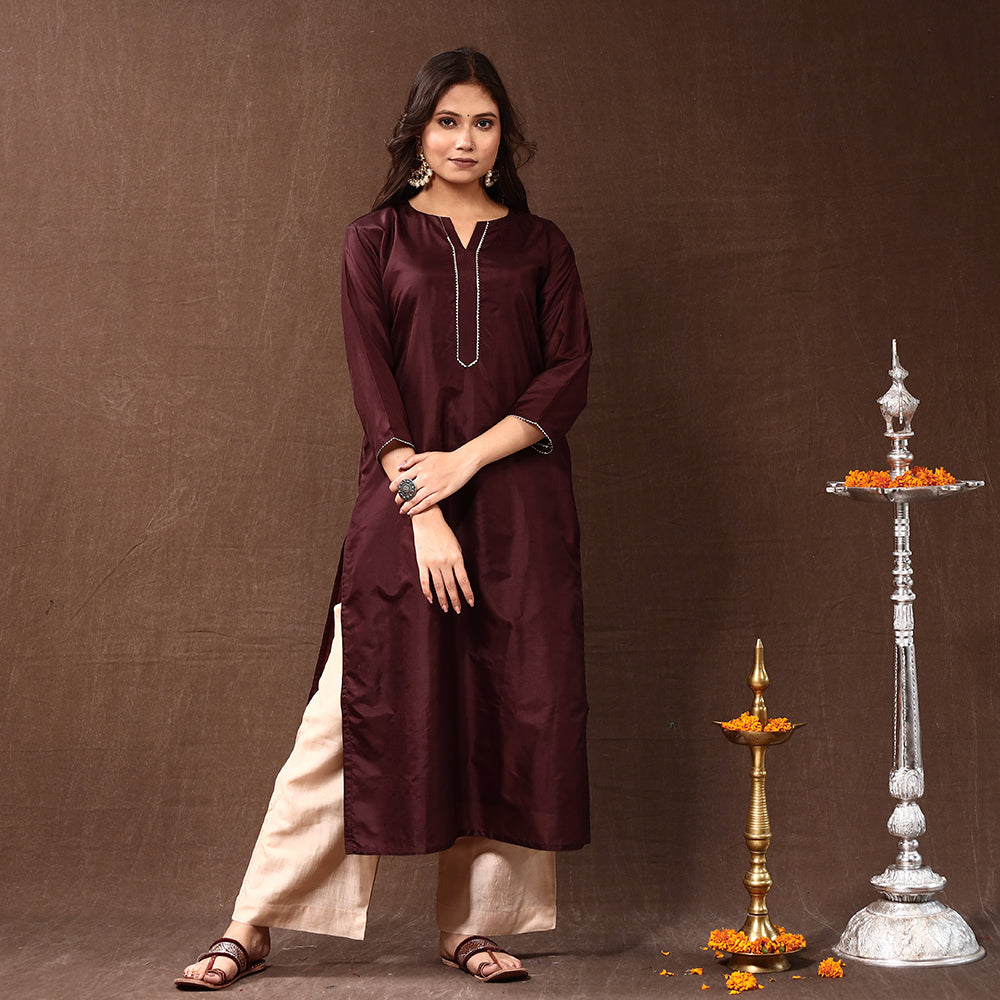 Brown - Gota Work Pure Silk Plain Long Kurta
