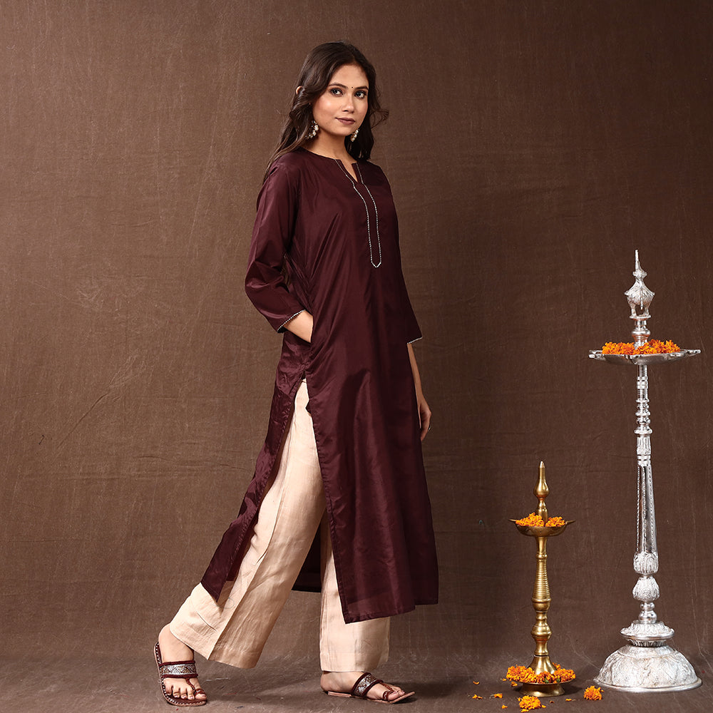 Brown - Gota Work Pure Silk Plain Long Kurta