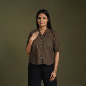  Brown Half Sleeve Cotton Jacquard Crop Top