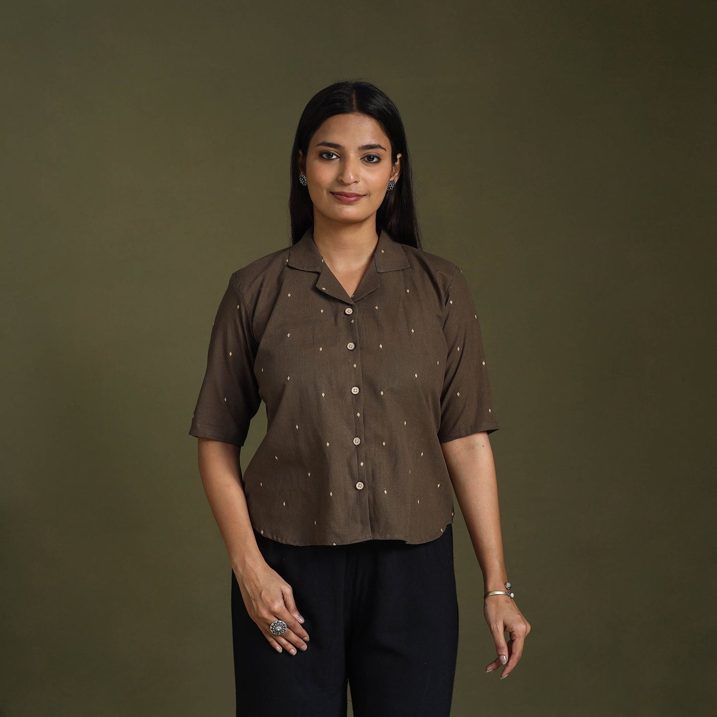  Brown Half Sleeve Cotton Jacquard Crop Top