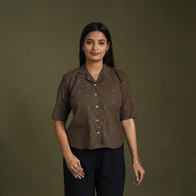  Brown Half Sleeve Cotton Jacquard Crop Top