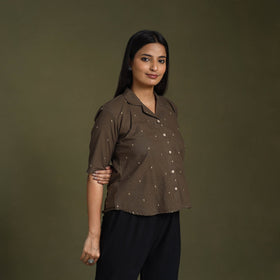  Brown Half Sleeve Cotton Jacquard Crop Top