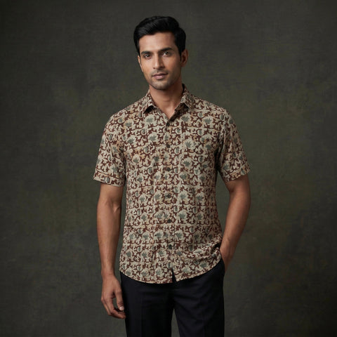Half sleeve cotton men hand block batik print shirt 01