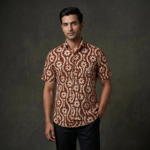 Half sleeve cotton men hand block batik print shirt 07