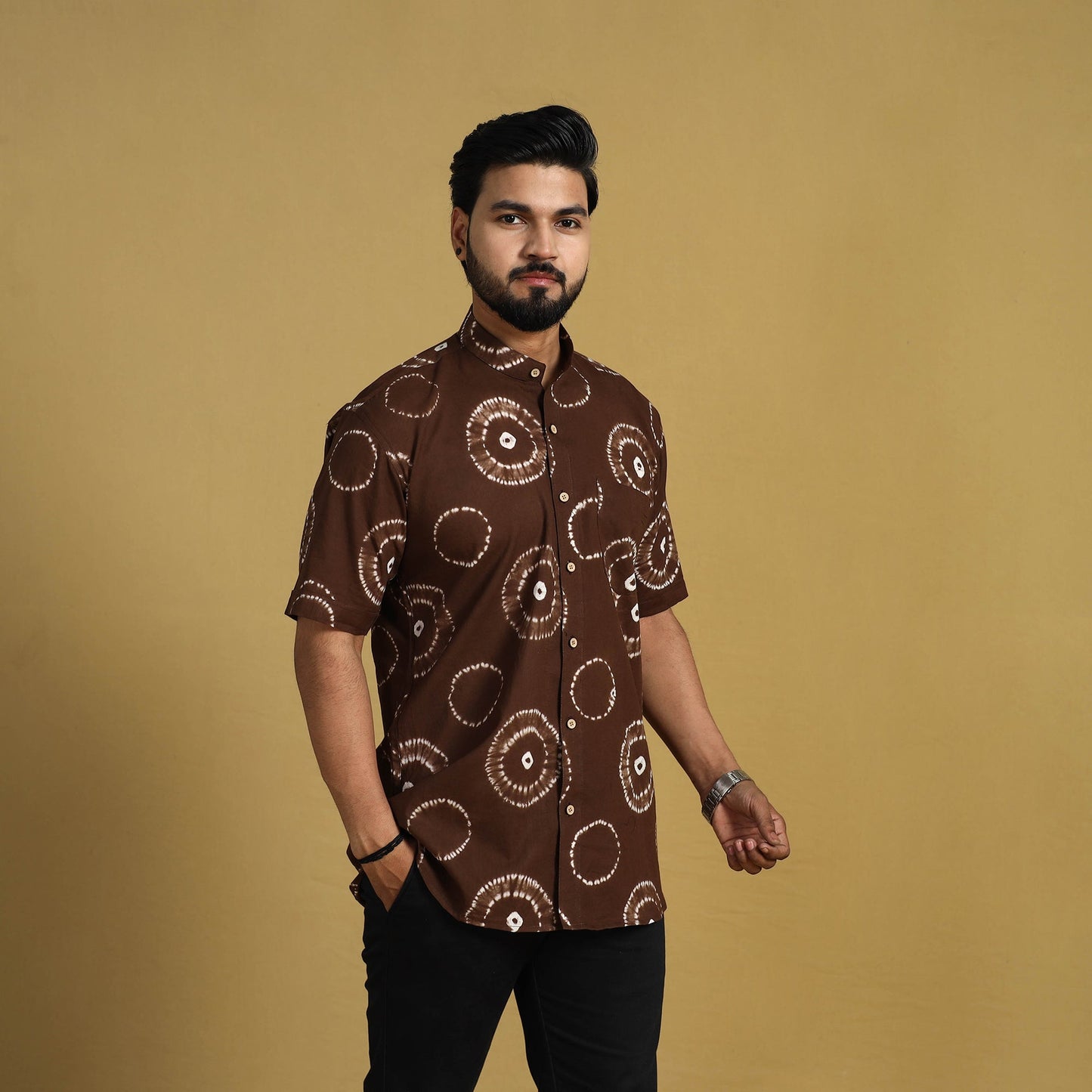 Buy Brown Half Sleeve Tie & Dye Cotton Men Shibori Shirt