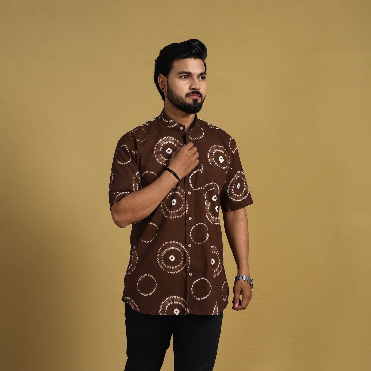 Buy Brown Half Sleeve Tie & Dye Cotton Men Shibori Shirt