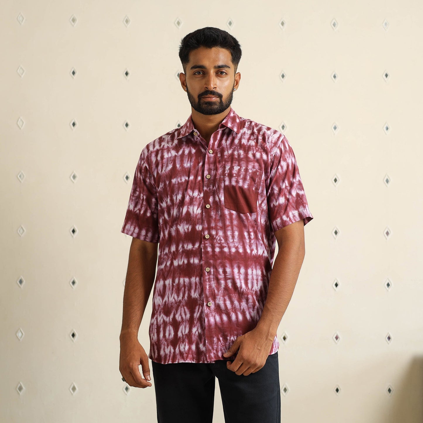 Brown Half Sleeve Tie & Dye Cotton Men Shibori Shirt