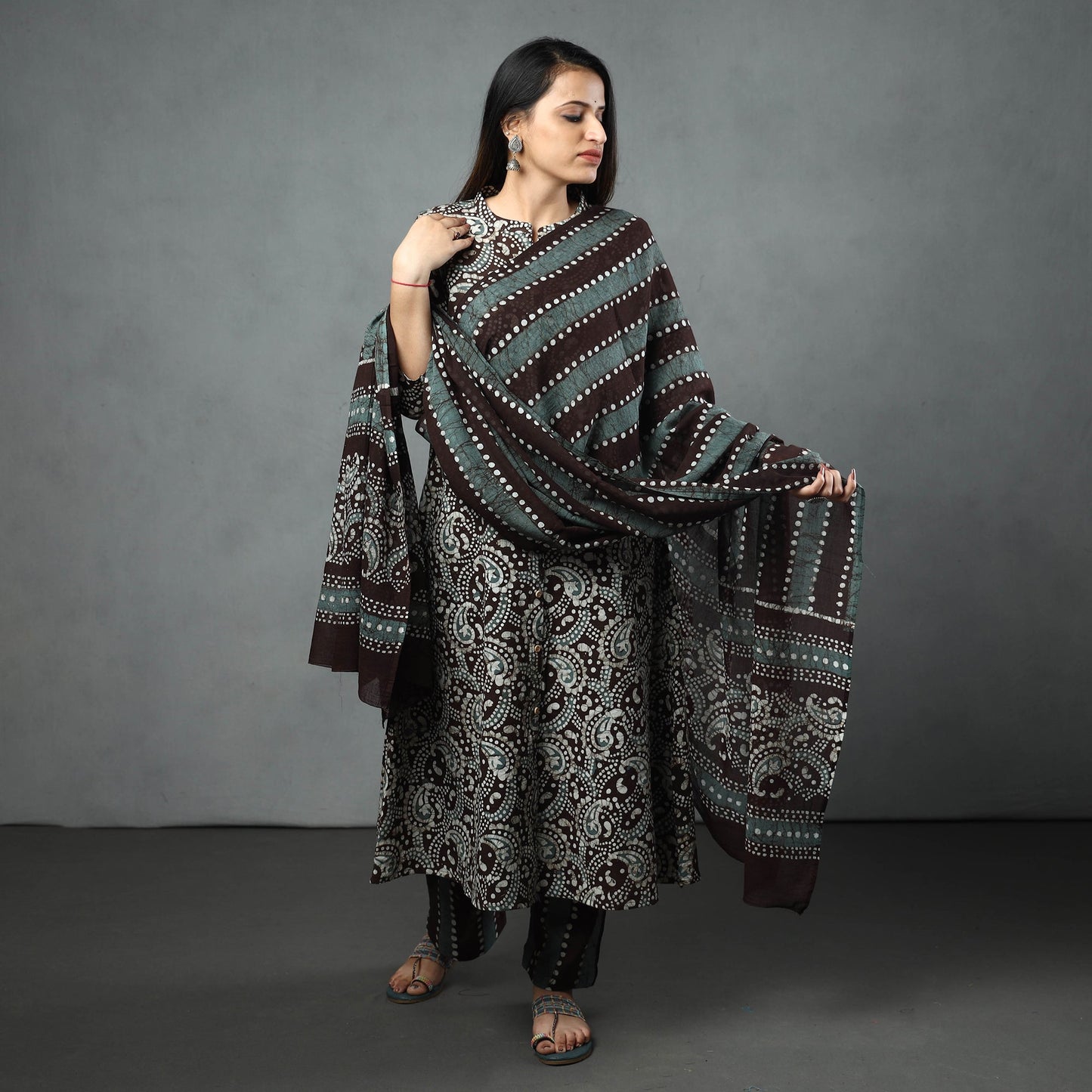  Hand Batik Printed Cotton Kurta with Palazzo & Dupatta Set 