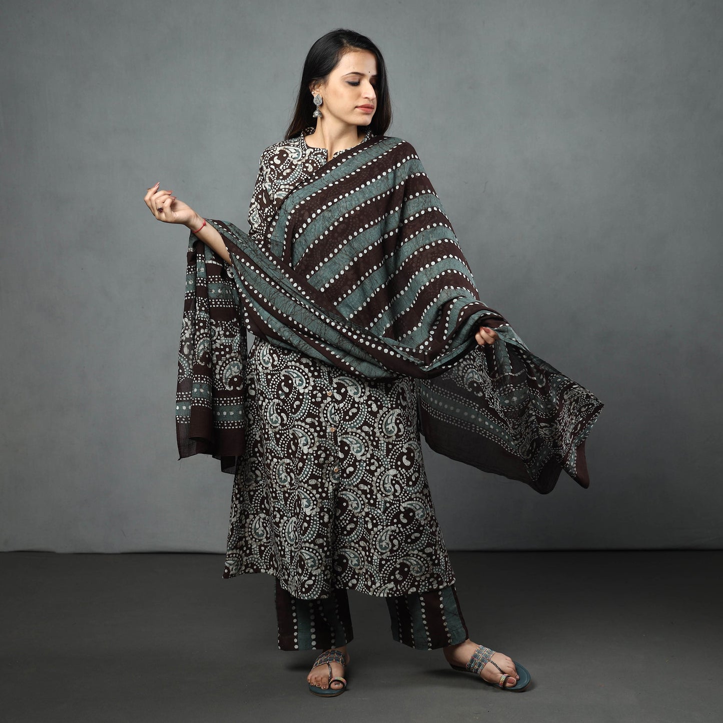  Hand Batik Printed Cotton Kurta with Palazzo & Dupatta Set 