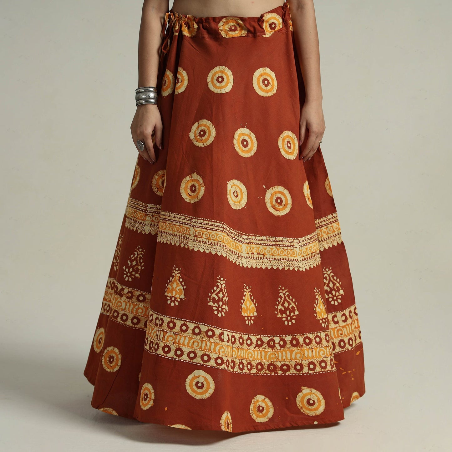 Brown Hand Batik Printed Running Stitch Cotton Long Skirt