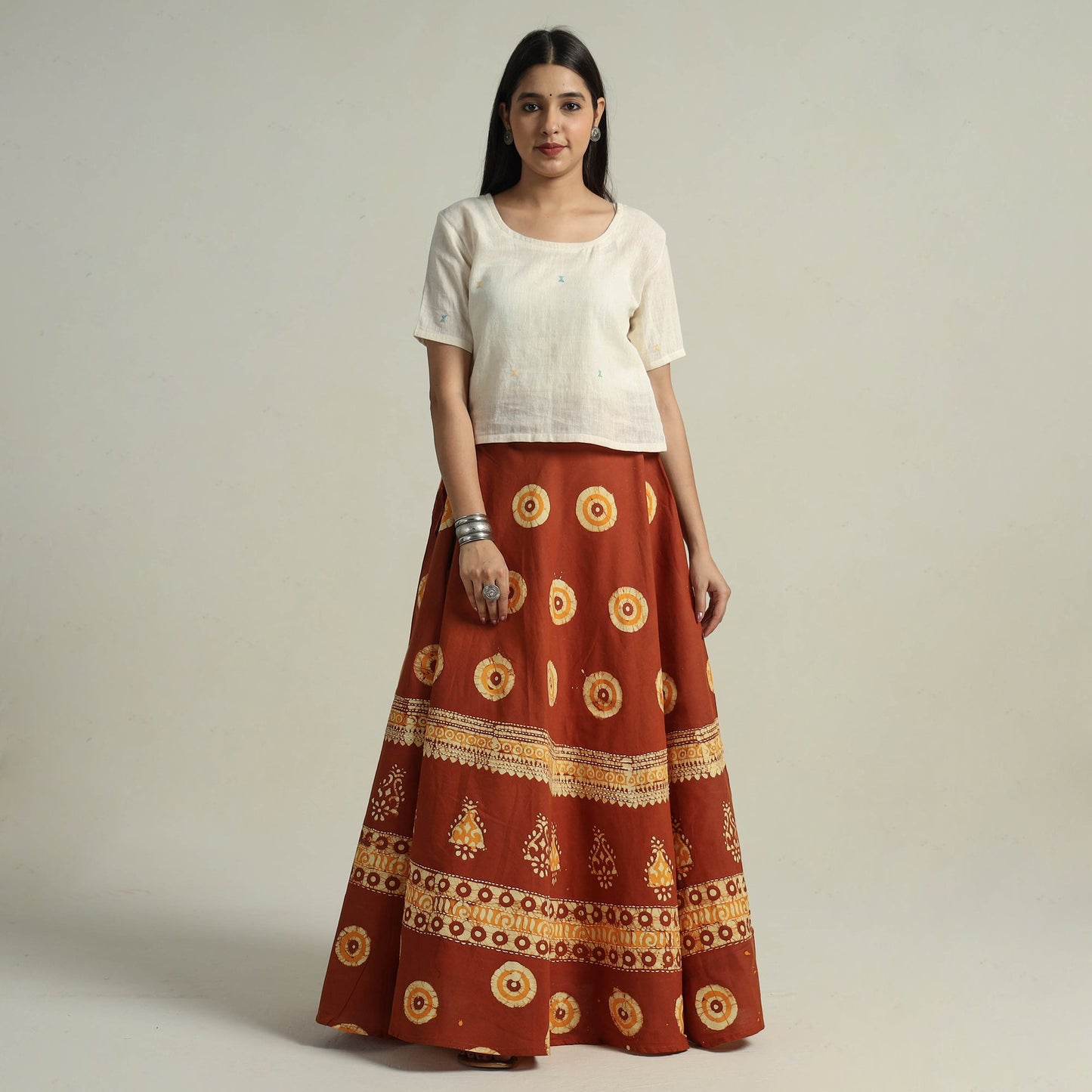 Brown Hand Batik Printed Running Stitch Cotton Long Skirt