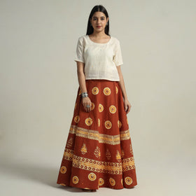 Brown Hand Batik Printed Running Stitch Cotton Long Skirt