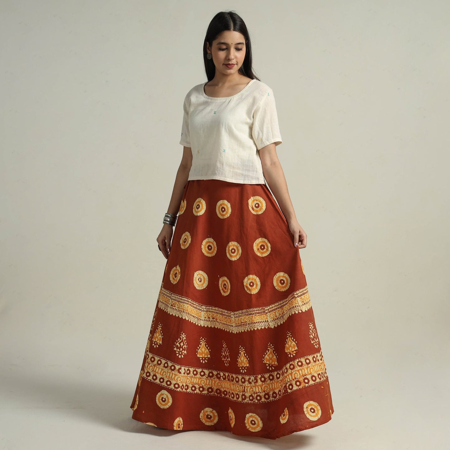Brown Hand Batik Printed Running Stitch Cotton Long Skirt