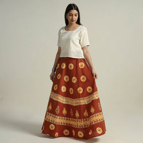 Brown Hand Batik Printed Running Stitch Cotton Long Skirt