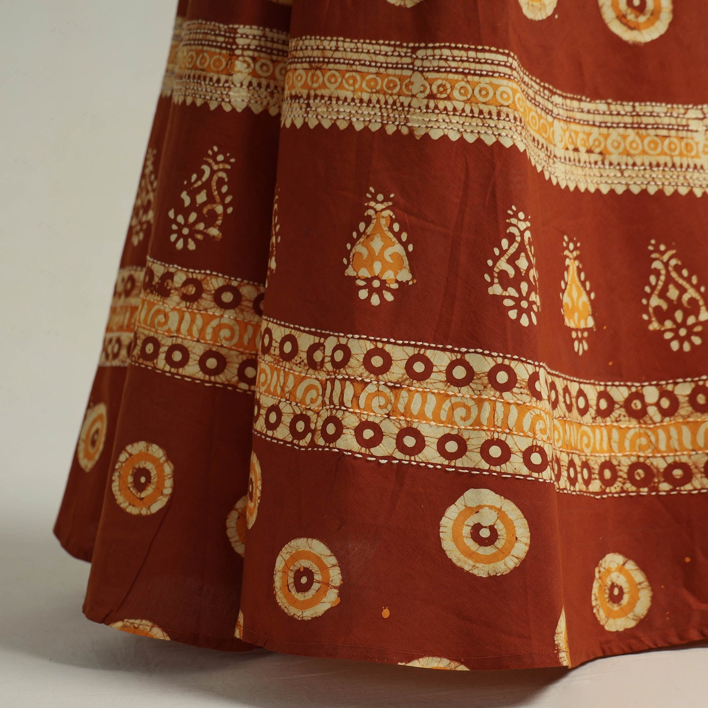 Brown Hand Batik Printed Running Stitch Cotton Long Skirt