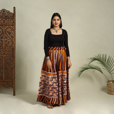 Brown Hand Batik Print Running Stitch Cotton Long Skirt