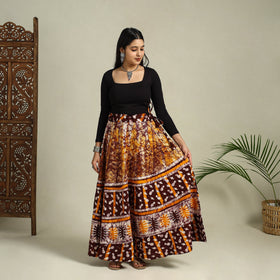 Brown Hand Batik Print Running Stitch Cotton Long Skirt