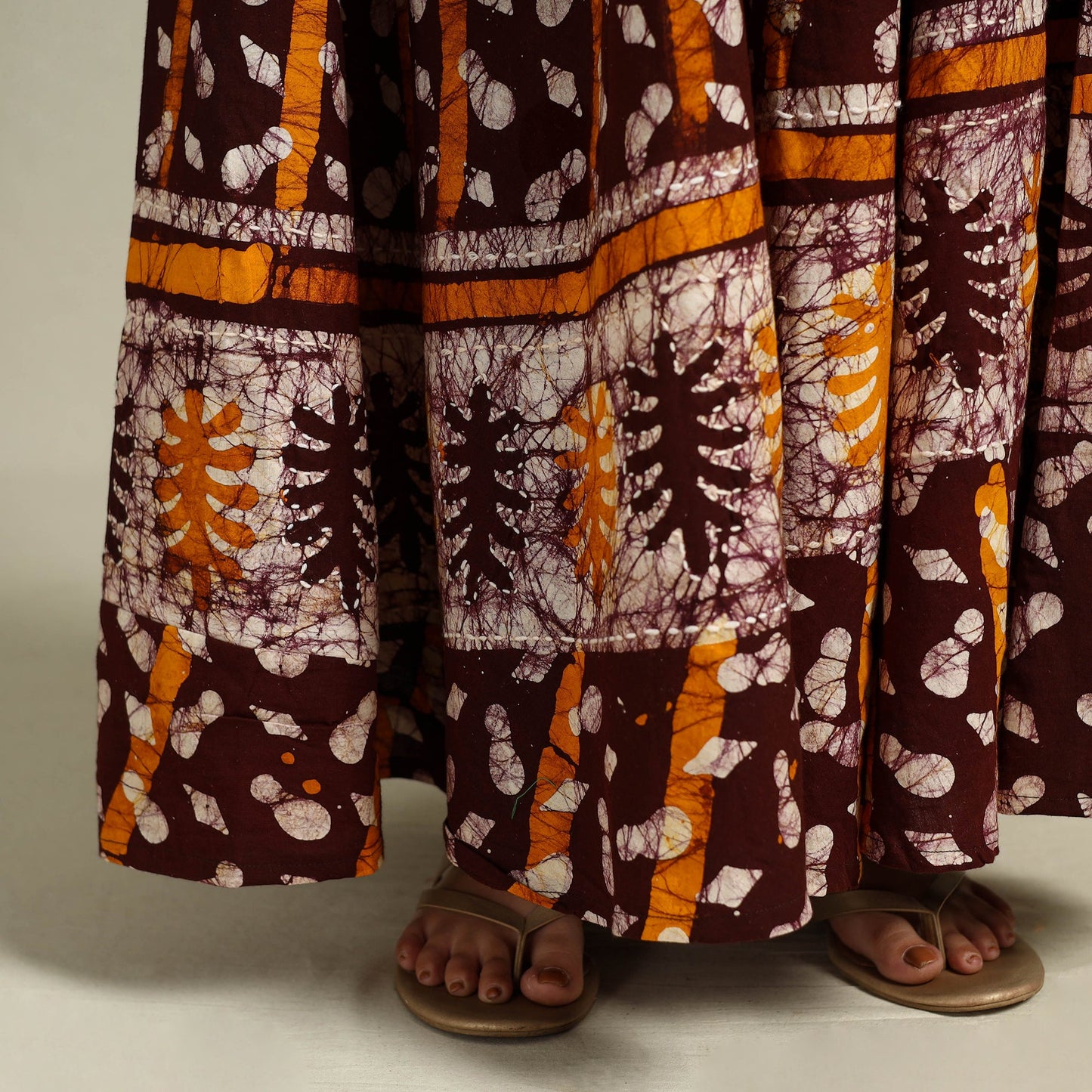 Brown Hand Batik Print Running Stitch Cotton Long Skirt